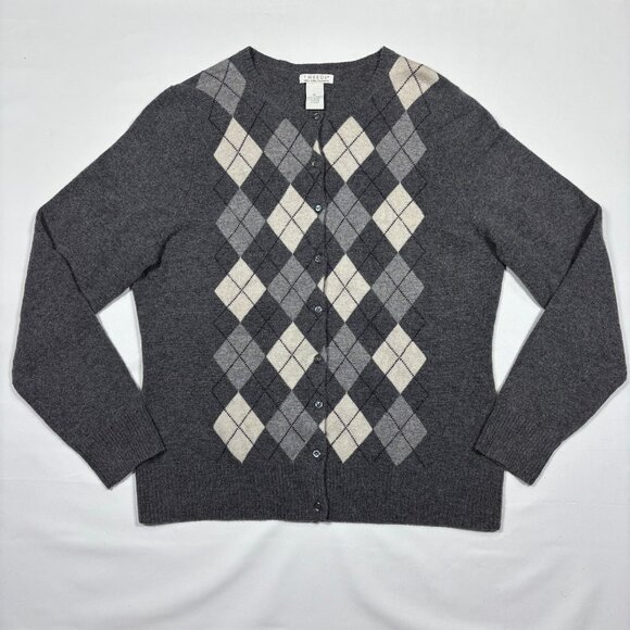 Tweeds 100% 2-Ply Cashmere Gray Diamond Argyle Button Cardigan Sweater Womens XL - Picture 1 of 8